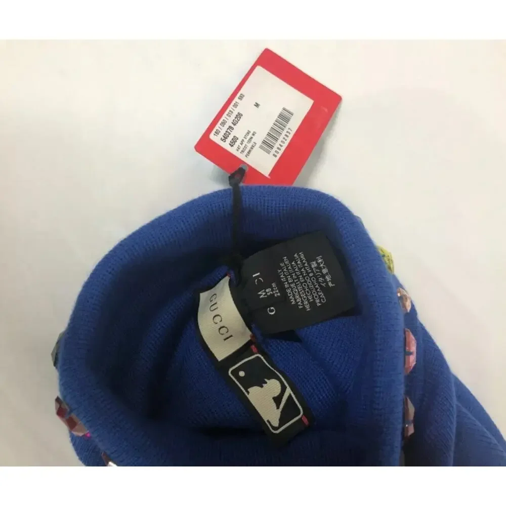 NWT Gucci NY Yankees Multicolor Jewel Trim Blue Wool Unisex Beanie Hat $530.00